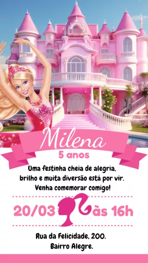 Convite Aniversário Barbie e Castelo Rosa para Editar