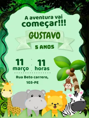Convite de Aniversário Safari com Animais para Editar Online