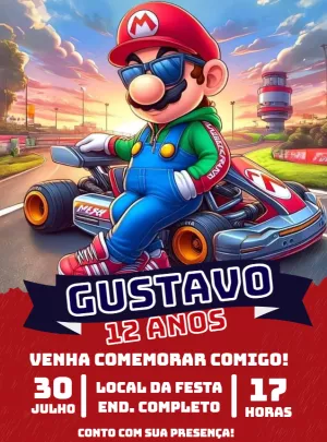 Convite Aniversário Super Mario Kart para Editar Online