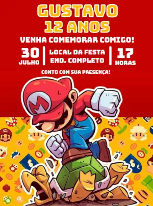 Convite Aniversário Super Mario com Personagens para Editar