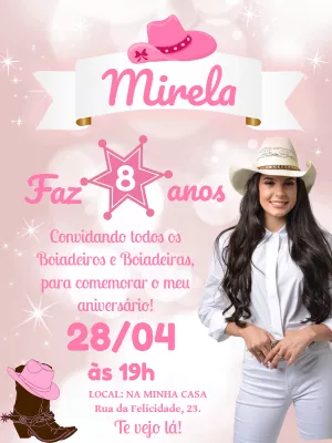 Convite de Aniversário Boiadeira Rosa para Editar Online