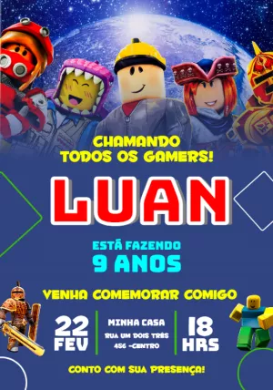 Convite Aniversário Roblox com Personagens para Editar Online
