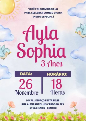 Convite de Aniversário Jardim Encantado com Pássaros para Editar