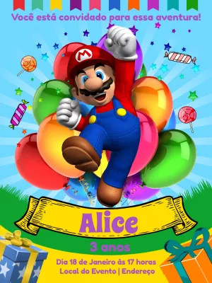 Convite de Aniversário Mario Bros Editável para Personalizar