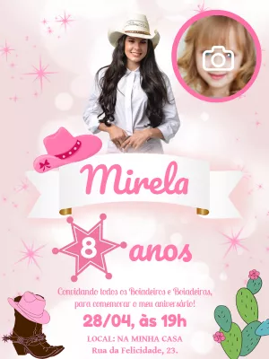 Convite de Aniversário Boiadeira com Foto para Editar Online