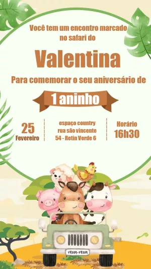 Convite Aniversário Safari com Animais Fofos para Editar