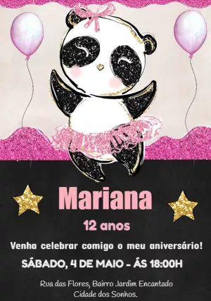 Convite Aniversário Panda Rosa Glitter para Editar Online