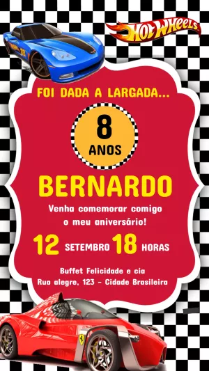 Convite de Aniversário Hot Wheels com Carros para Editar Online