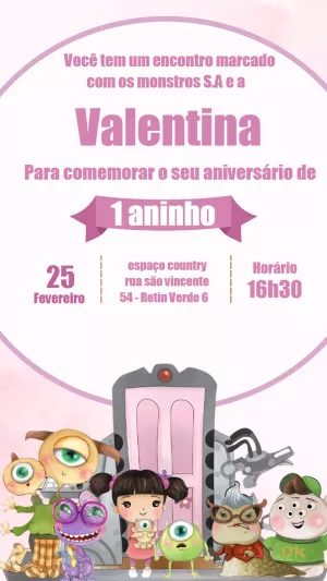 Convite Aniversário Monstros S.A Menina para Editar Online