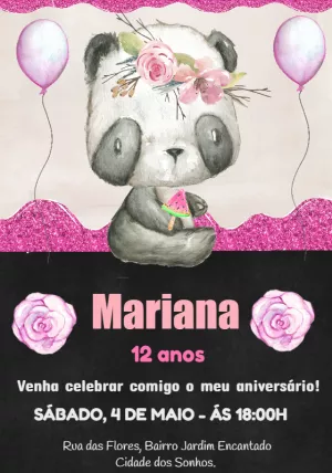 Convite de Aniversário Panda Rosa com Glitter para Editar
