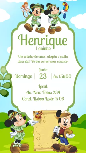 Convite Aniversário Safari do Mickey e Minnie para Editar Online