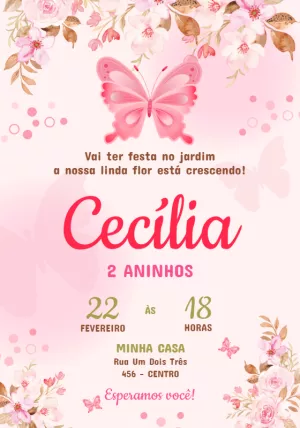 Convite Aniversário Jardim Borboletas Rosa para Editar Online