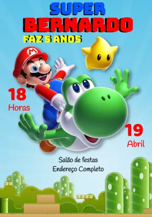 Convite de Aniversário Super Mario e Yoshi para Editar Online