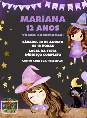 Convite Aniversário Halloween Bruxinha Aquarela para Editar Online