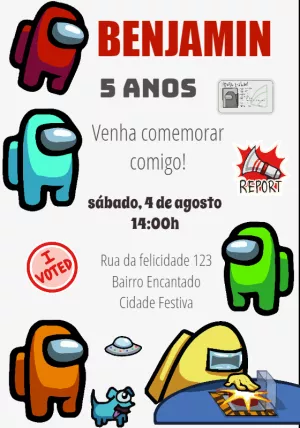 Convite de Aniversário Among Us com Personagens para Editar