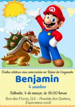 Convite de Aniversário Super Mario com Personagens para Editar