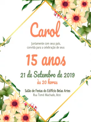 Convite 15 Anos Floral com Moldura Dourada para Editar