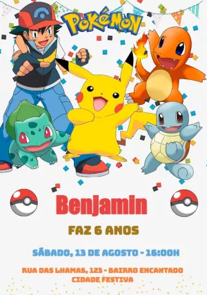 Convite de Aniversário Pokémon com Personagens para Editar