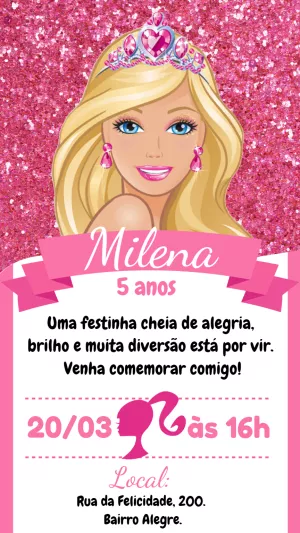 Convite de Aniversário Barbie com Brilho para Editar Online