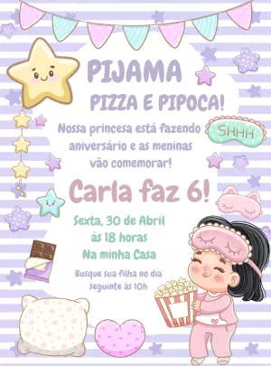 Convite Aniversário Festa do Pijama Menina para Editar Online