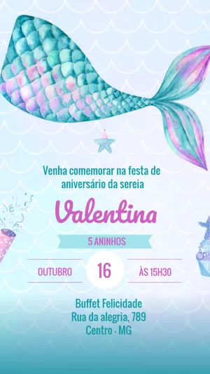 Convite de Aniversário Sereia Fundo do Mar para Editar Online