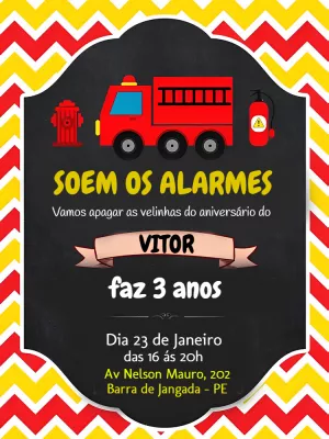 Convite de Aniversário Bombeiro Editável com Caminhão Vermelho