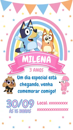 Convite Aniversário Bluey e Bingo para Editar Online
