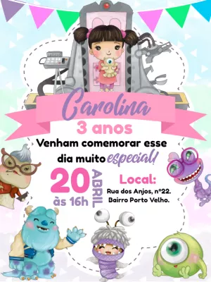 Convite Aniversário Monstros SA Aquarela para Editar Online