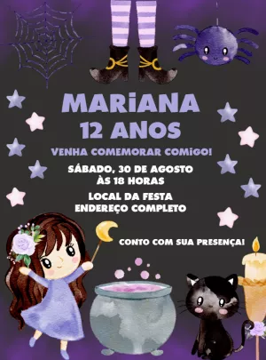 Convite Aniversário Halloween Bruxinha Fofa para Editar Online