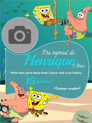 Convite Aniversário Bob Esponja com Foto para Editar Online