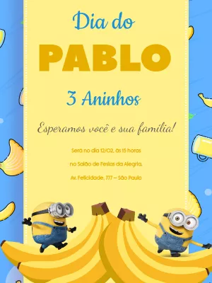 Convite de Aniversário Minions para Editar Online