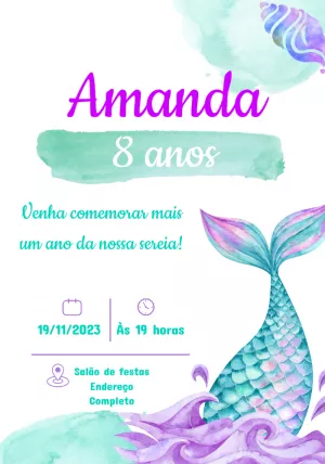 Convite Aniversário Sereia em Aquarela para Editar Online