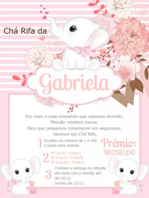 Convite Chá Rifa Elefantinha Rosa para Editar Online