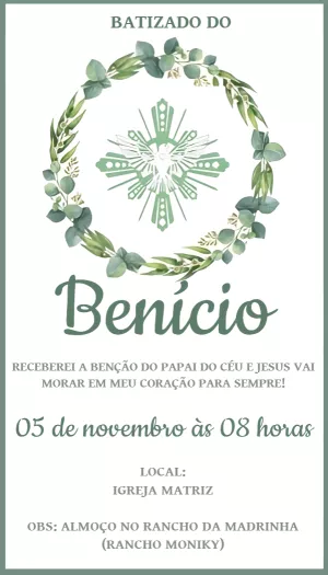 Convite de Batizado com Folhas Verdes para Editar Online