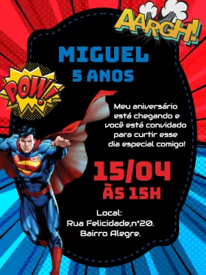 Convite de Aniversário Superman para Editar Online e Imprimir