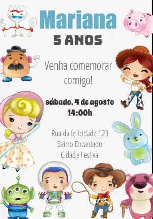 Convite Aniversário Toy Story com Personagens para Editar Online