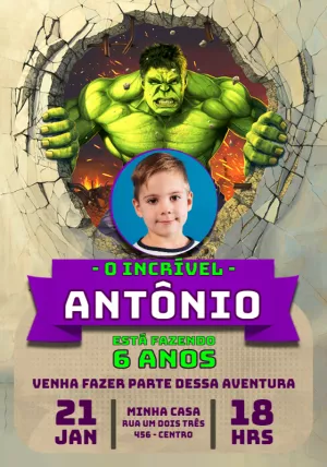 Convite de Aniversário Incrível Hulk com Foto para Editar