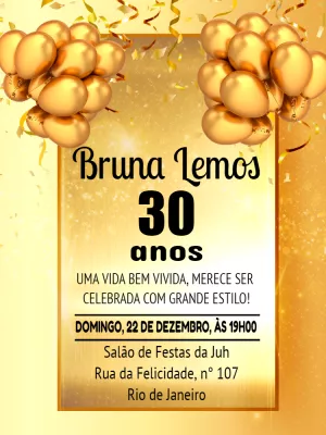 Convite de Aniversário Dourado com Balões para Editar Online