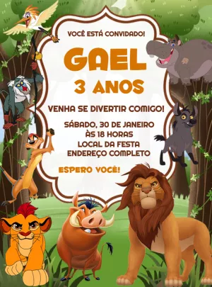 Convite Aniversário Rei Leão com Personagens para Editar Online