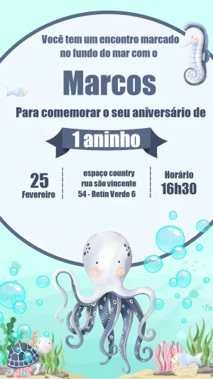 Convite de Aniversário Fundo do Mar com Animais para Editar