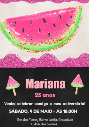 Convite Aniversário Melancia Glitter para Editar Online