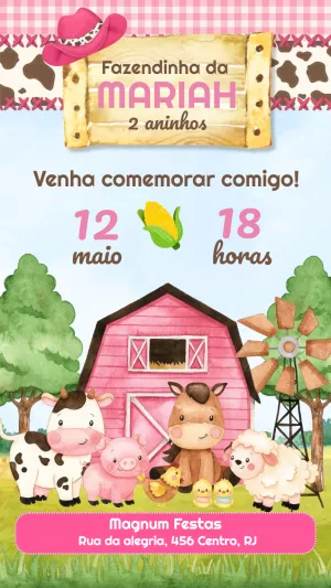 Convite de Aniversário Fazendinha Rosa para Editar Online