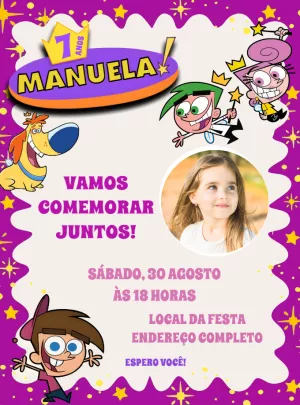 Convite Aniversário Padrinhos Mágicos com Foto para Editar