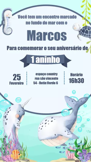 Convite Aniversário Fundo do Mar com Animais para Editar Online