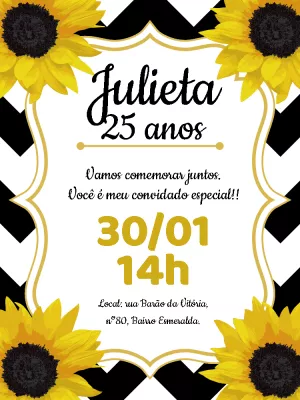 Convite Aniversário Girassol com Chevron para Editar Online