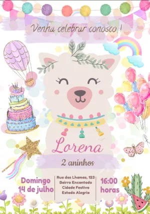 Convite de Aniversário Lhama Rosa Fofa para Editar Online