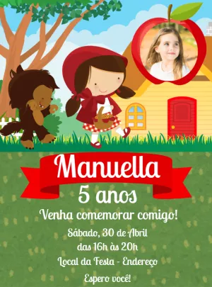 Convite Aniversário Chapéuzinho Vermelho com Foto para Editar