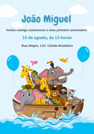 Convite Aniversário Arca de Noé com Animais a Bordo para Editar