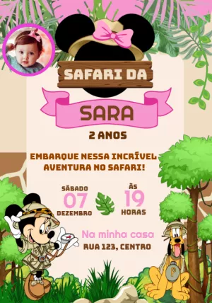 Convite Aniversário Minnie Safari com Foto para Editar Online