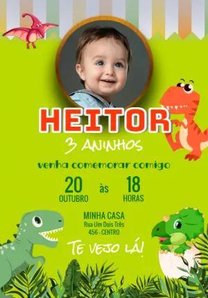 Convite Aniversário Dinossauro Baby com Foto para Editar Online